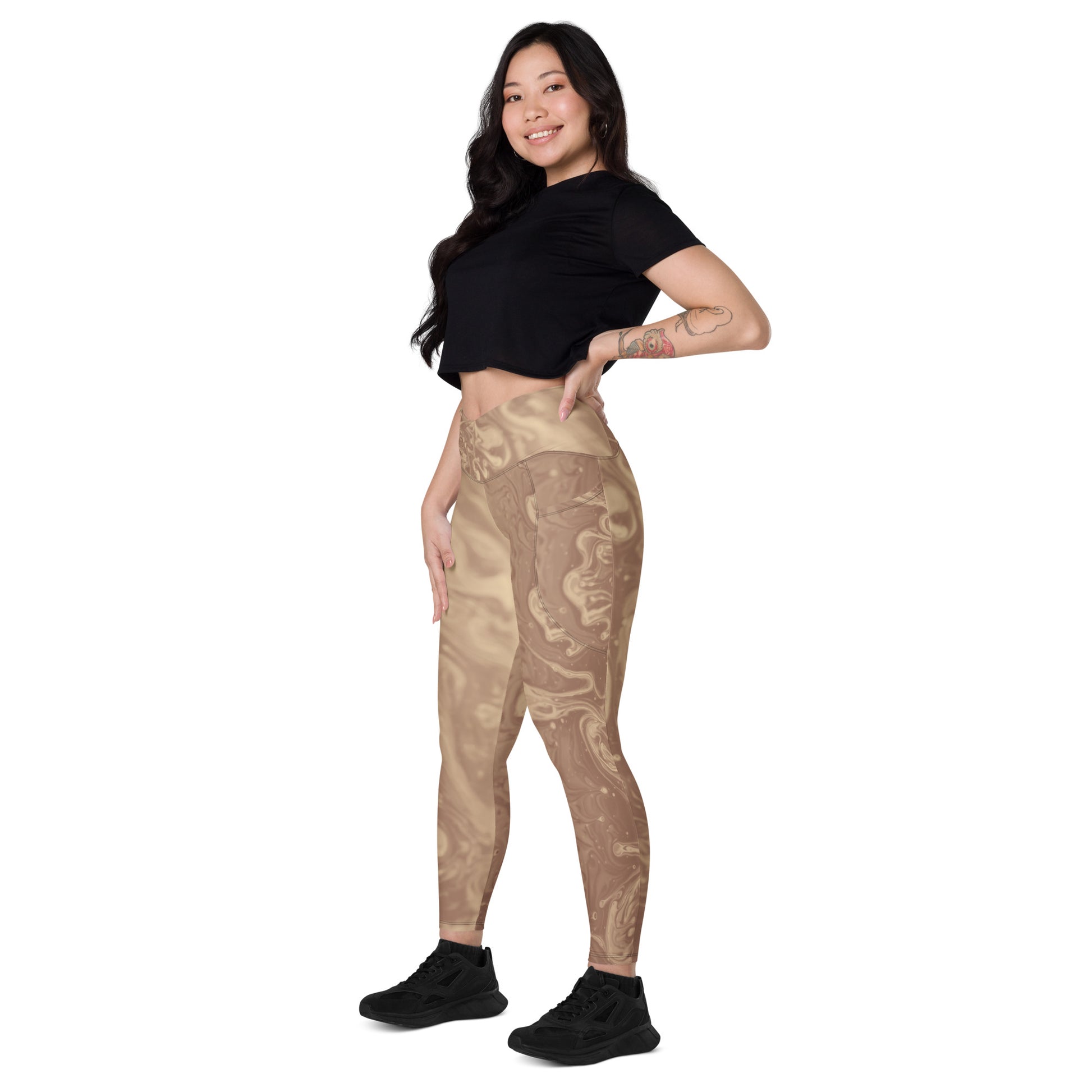 Liquid Beige Women's Recycled Crossover Leggings With Pockets - FLAKOUT